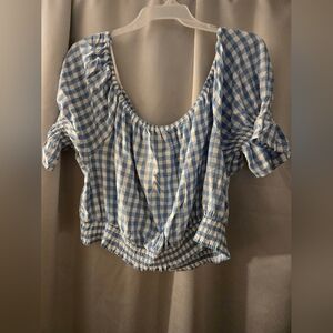Lane Bryant Top Women 26/28 Plus Blue Plaid Linen Cold Shoulder 3/4 Sleeve